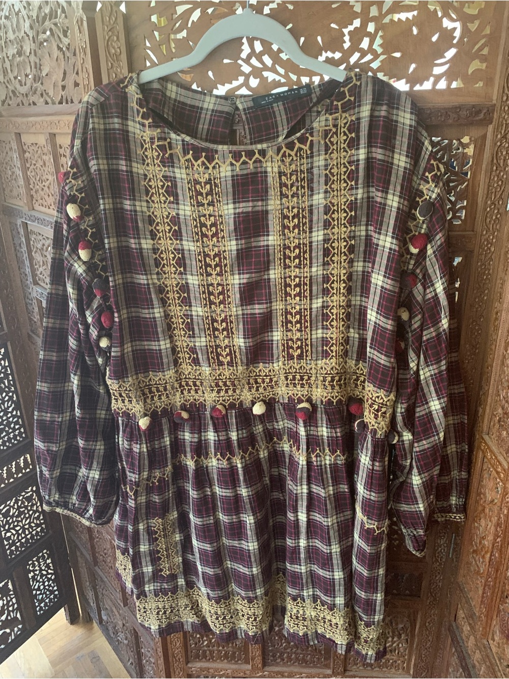 Zara Burgundy Plaid Dress or Tunic Top  Embroidery and Pom-Poms